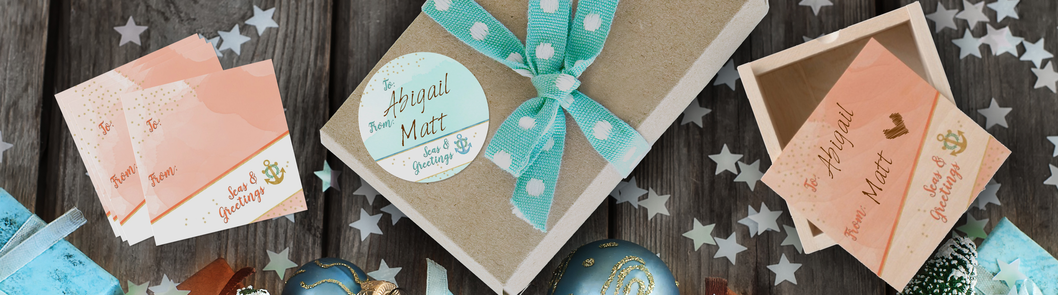 Nautical Seas and Greetings Gift Tags and Wrapping Paper Mockup