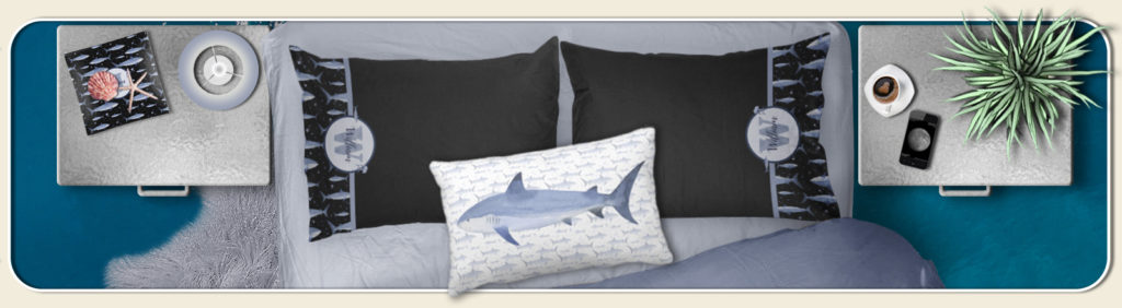 Shark Pattern and Watercolor Monogram Bedroom Decor 189969454003478151 | www.NauticalBoutique.Co