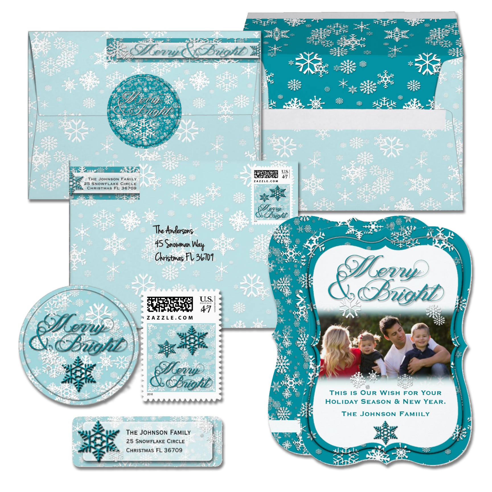 Merry and Bright Teal and White Holiday Card Collection