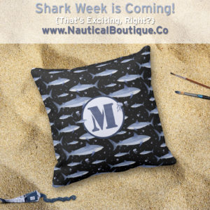 Shark Pattern and Watercolor Monogram Pillow 189969454003478151 | www.NauticalBoutique.Co